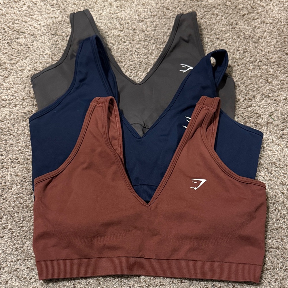 Gymshark Cropped V-Neck Sports Bra - Maroon, Navy, Gray (set of 3)